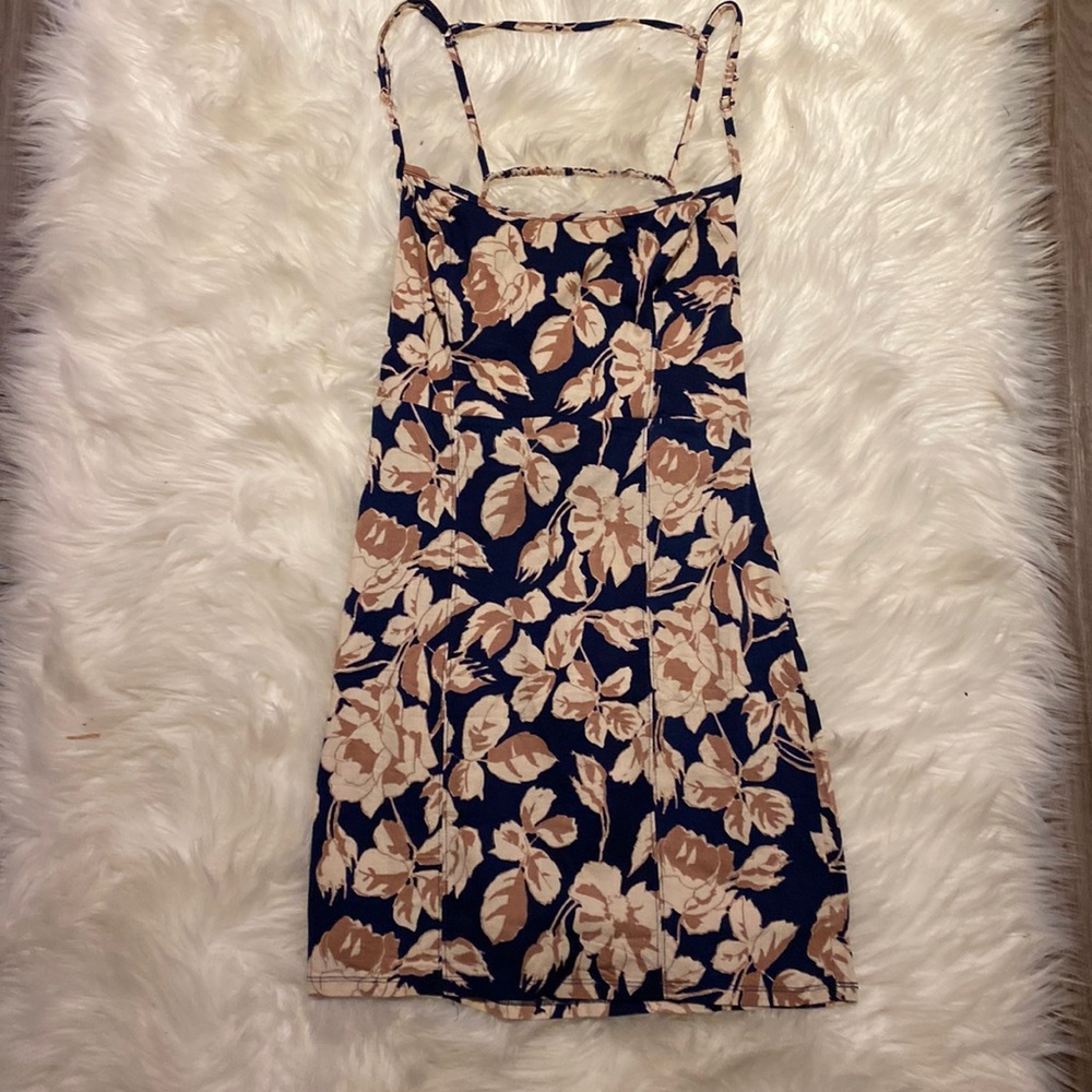 Intimately Free People Beige Tan Flower Navy Blue Backless Mini Dress Floral